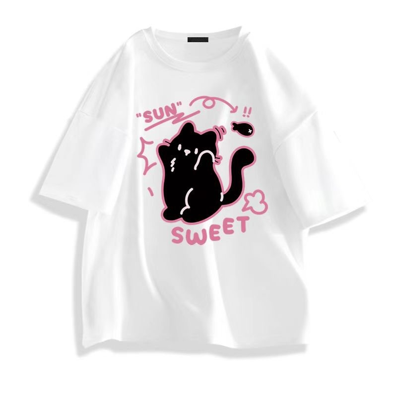 Meow Sweetheart Sunlight Song ฤดูร้อน 2025 สไตล์ใหม่ของแท้ไหล่เสื้อยืดผู้หญิงฤดูร้อนผ้าฝ้าย 100% แขน