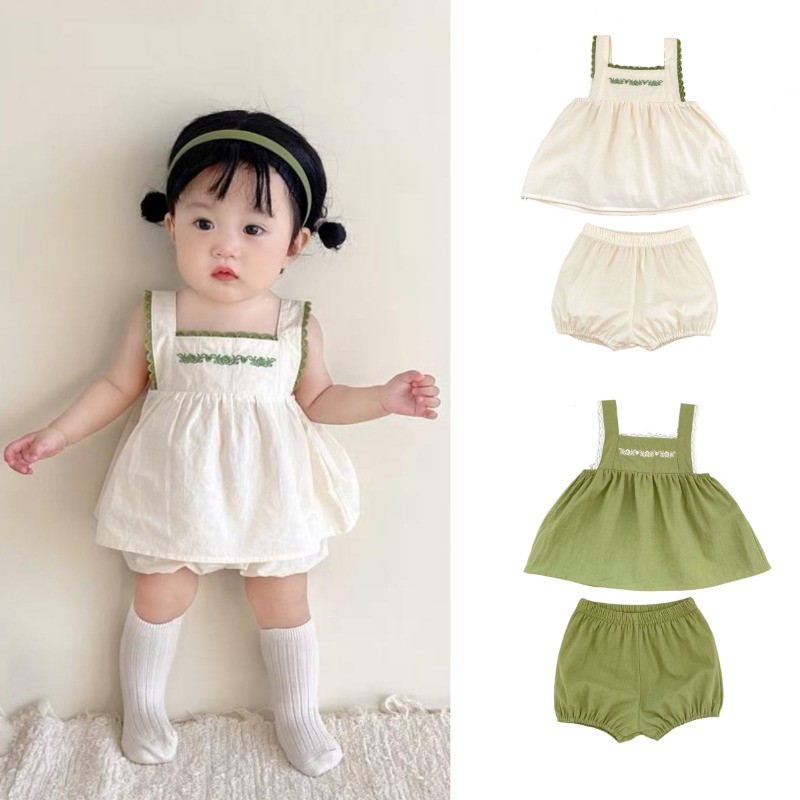 ชุดเด็กผู้หญิงสไตล์เกาหลี แขนกุดและกางเกงขาสั้น สำหรับอายุ 0-2 ปี