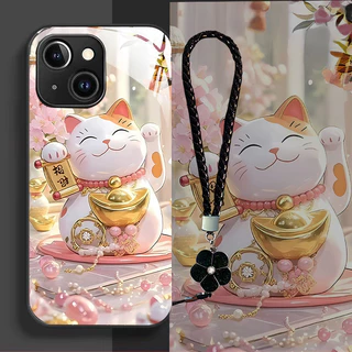 เหมาะสําหรับเคสโทรศัพท์ iPhone 11/12/13/14PLUS/15/16pro max/xr/xs max เคสแข็ง เคสกระจกระดับไฮเอนด์มีสไตล์ ดีไซน์แมวมั่งคั่งน่ารัก ป้องกันการตก กันกระแทก