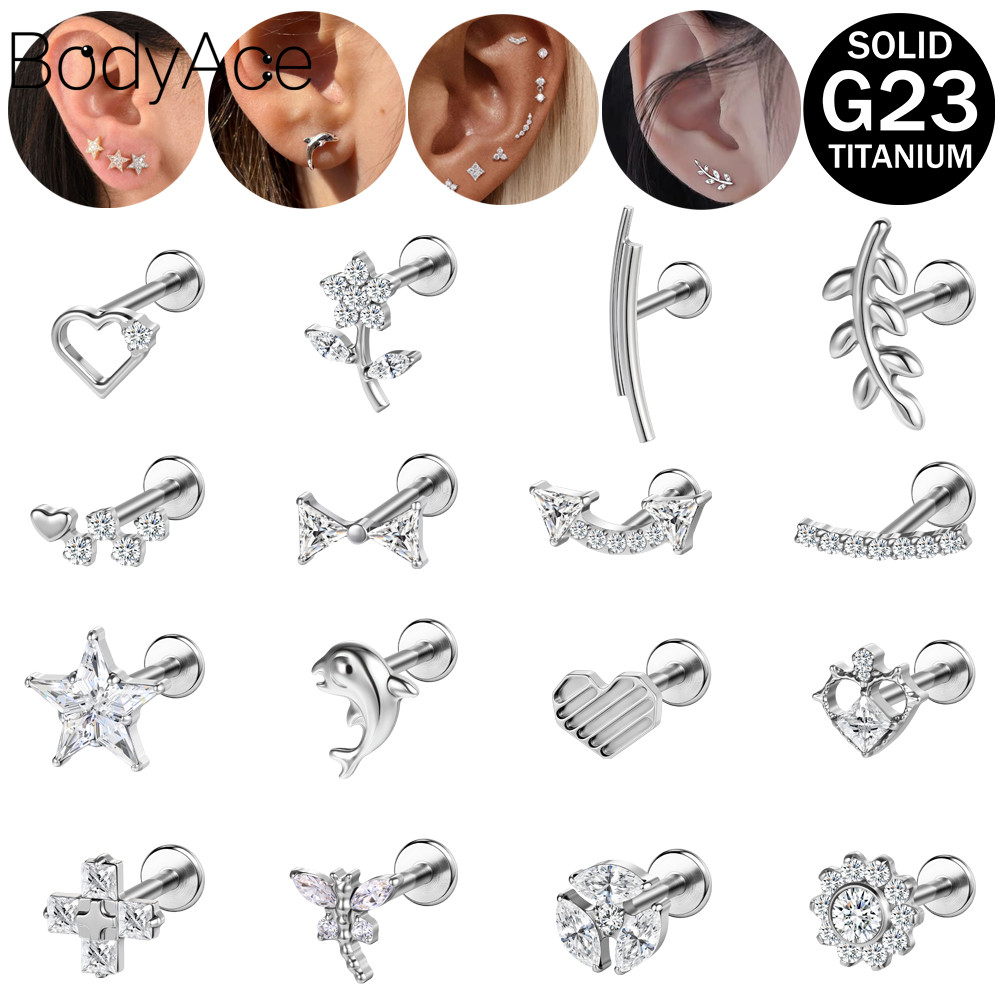 Bodyace G23 ต่างหูไทเทเนียม แบบพู่กันและโลมา สำหรับเจาะLOBE และคริสตัล