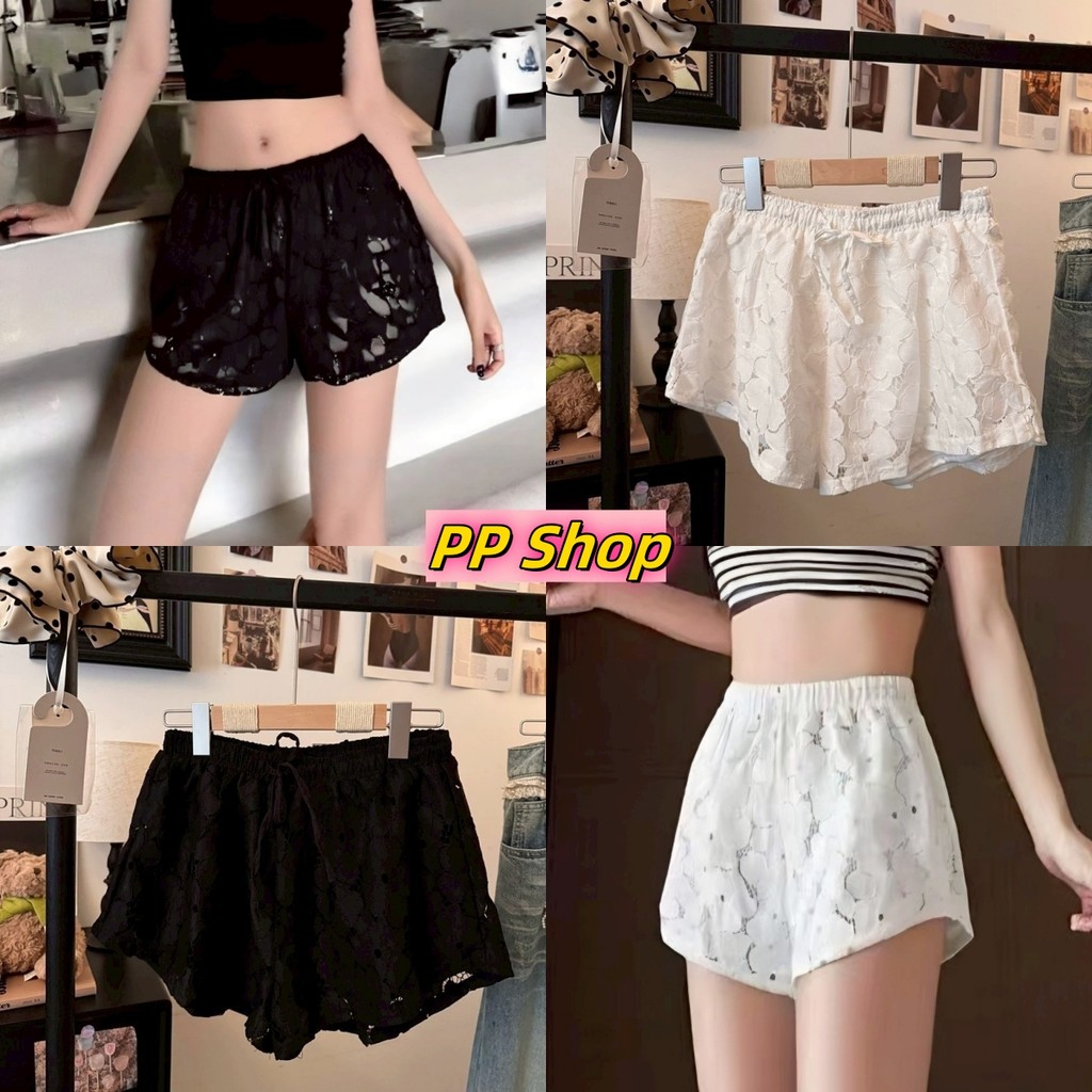 💜PP SHOP💜พร้อมส่ง กางเกงขาสั้น กางเกงสายฝอ กางเกงผู้หญิง เอวสม๊อก ดีเทลถักไหมพรมลายดอกไม้ ใส่สบาย กา