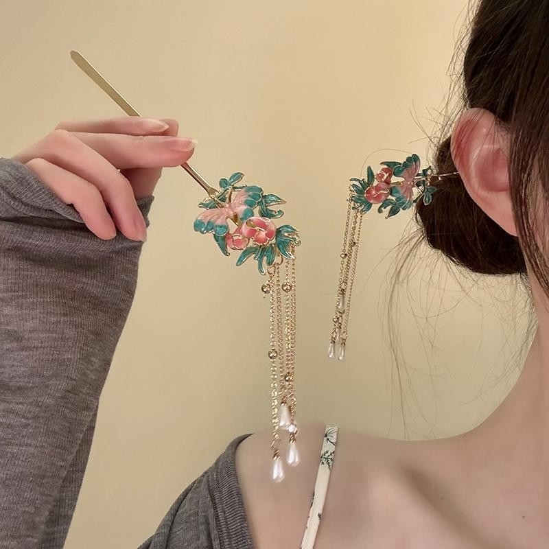 สไตล์โบราณ Hanfu Cheongsam ขั้นตอนเขย่า Burnt Blue Hairpin สไตล์ Tang สไตล์เพลง All-Match อุปกรณ์เสริม Hairpin หญิง Palace สไตล์ Hairpin Headdress