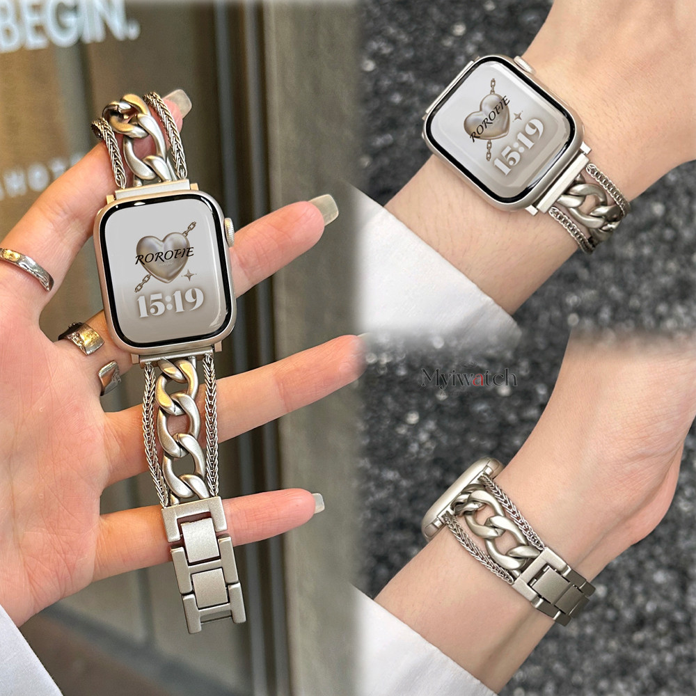 Punk Cuban โซ่โลหะสําหรับ iWatch Series Ultra 10 9 S8 7 6 SE 5 4 3 Double-chain Overlopping Design สายรัดข้อมือสําหรับ iWatch Band 42 มม.49 มม.46 มม.45 มม.44 มม.41 มม.40 มม.38 มม.