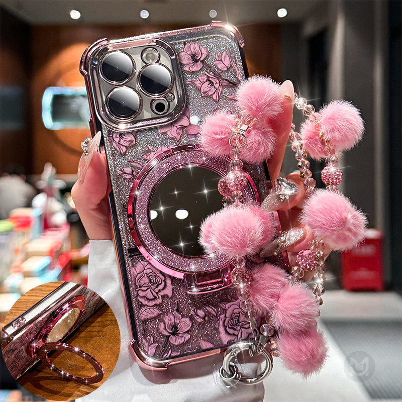 ปลอกสําหรับ iPhone 13 12 11 Pro XS Max Glitter กระจกแต่งหน้าขาตั้งกันกระแทกเคสโทรศัพท์พร้อมสายคล้องคริสตัล