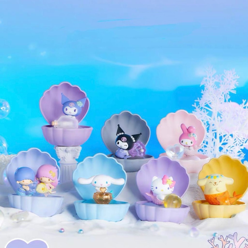 Sanrio ตัวเลขตุ๊กตา Sanrio ครอบครัว Mermaid Shells Mystery กล่อง Kuromi ของเล่นอินเทรนด์ตัวเลขของเล่นสําหรับสาวของขวัญเดสก์ท็อปตกแต่ง