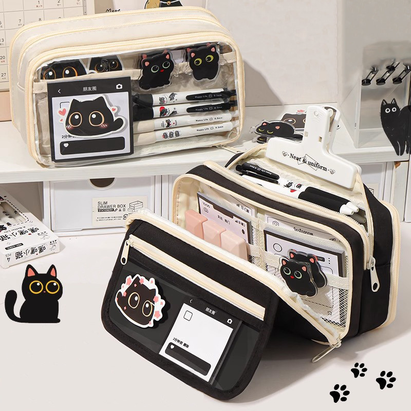 ความจุขนาดใหญ่สีดําแมวกรณีดินสอมัลติฟังก์ชั่กรณีดินสอปากกากระเป๋านักเรียนกลับกับอุปกรณ์การเรียน - รูปที่ 2