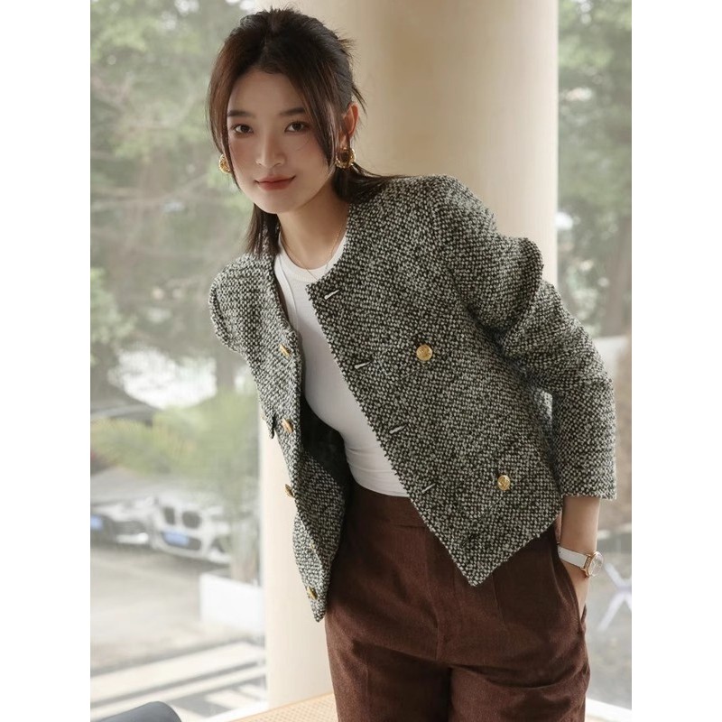 สไตล์หรูหรา เสื้อแขนยาว สีดํา ผู้หญิง เสื้อ แจ็คเก็ต มีกระเป๋า คาร์ดิแกน ผ้าทวีต กระดุม ด้านหน้า