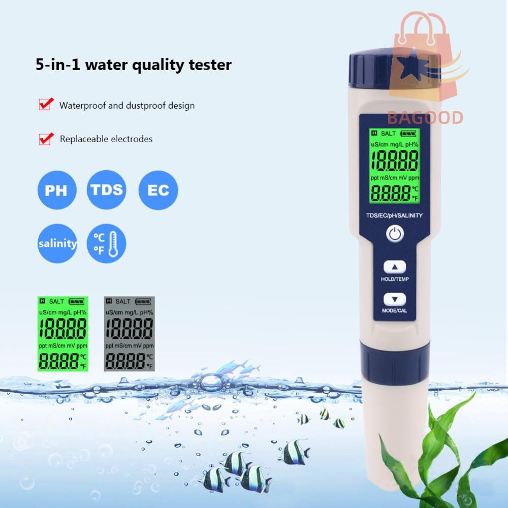 5in 1 เครื่องวัดน้ําดิจิตอล TDS/EC/PH/ความเค็ม/อุณหภูมิ แม่นยําสูง สำหรับสระว่ายน้ํา น้ําดื่ม ตู้ปลา