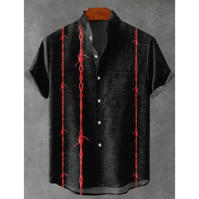 เสื้อเชิ้ตผ้าลินินย้อนยุคสำหรับผู้ชาย สไตล์ญี่ปุ่น พิมพ์ลายและปุ่มด้านบน