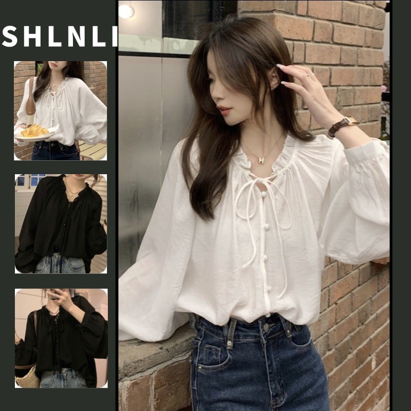 เสื้อผู้หญิงแขนพอง แบบคอวีทรงลูกไม้ สำหรับฤดูใบไม้ผลิและร้อน