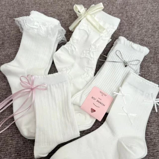 ถุงเท้าสไตล์บัลเล่ต์สำหรับสาวหวาน สีขาวมีโบว์และตาข่าย ระบายอากาศได้ดี