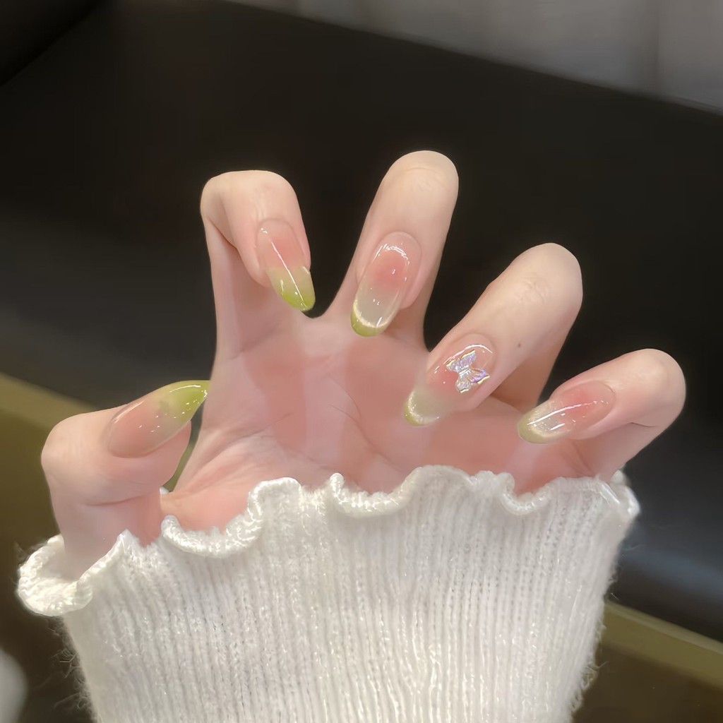 < Wearing Nails > Guava Ice Butterfly Cats Eye Handmade Wear Nails Gradient Temperament French High-