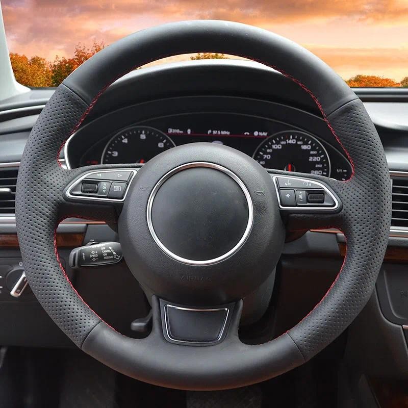 พวงมาลัยรถหนังแท้สีดําสําหรับ Audi A1 8X A3 8V Sportback A4 B8 Avant A5 8T A6 C7 A7 G8 A8 D4 Q3 8U Q