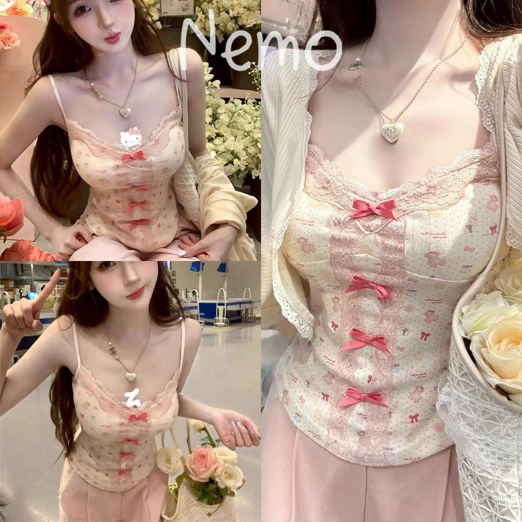 Nemo store🌸#FY1843 เสื้อสายเดี่ยว เสริมฟองน้ำ ดีเทลลายสีชมพูคาวาอี้มาก