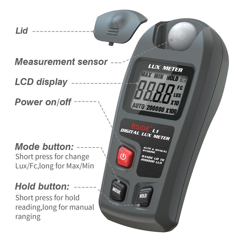 [fsfejhbjhkq] L1 Lux Meter Digital Illuminometer 0-200,000lux LCD Pocket Light Meter Lux/FC วัดเครื่