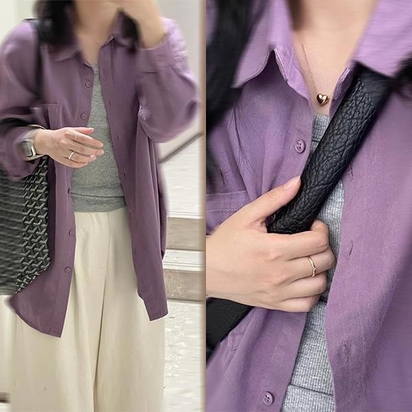 Red Berryเสื้อเชิ้ตสีม่วงสไตล์เกาหลี ผู้หญิง ฤดูใบไม้ร่วงและฤดูหนาว ทรงหลวม ปกเสื้อแบบลำลองw604