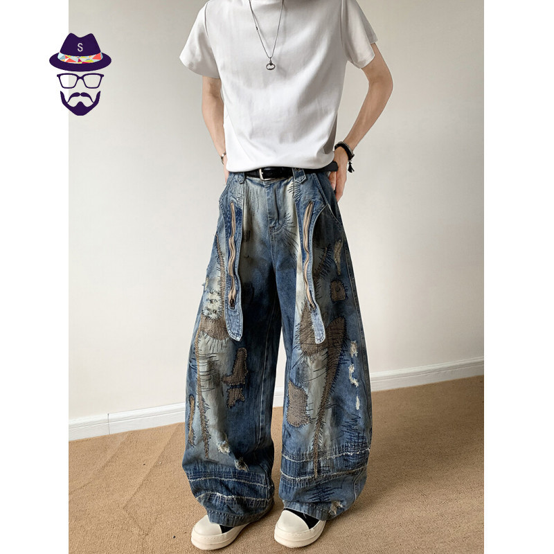 ONE สไตล์อเมริกัน Street Heavy Industry Messy เข็มปักคราบกางเกงยีนส์ผู้ชายผู้หญิง Wasteland สไตล์กว้