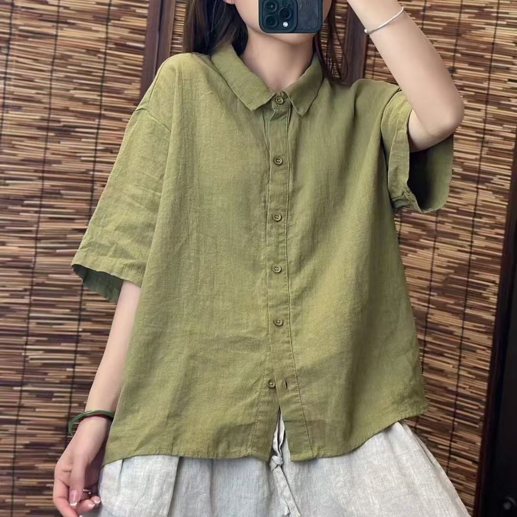 [LININ] เสื้อเชิ้ตแขนสั้นผ้าฝ้ายและลินินสำหรับผู้หญิง สไตล์ย้อนยุค สีทึบ ฤดูร้อน