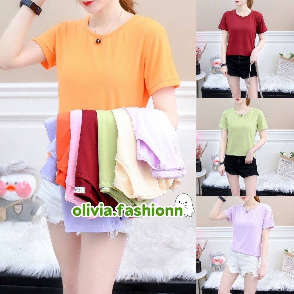 🦄Olivia🦄(ราคาพิเศษ)เสื้อยืดคอกลม สีพื้น แขนสั้น สไตล์เรียบง่าย #081