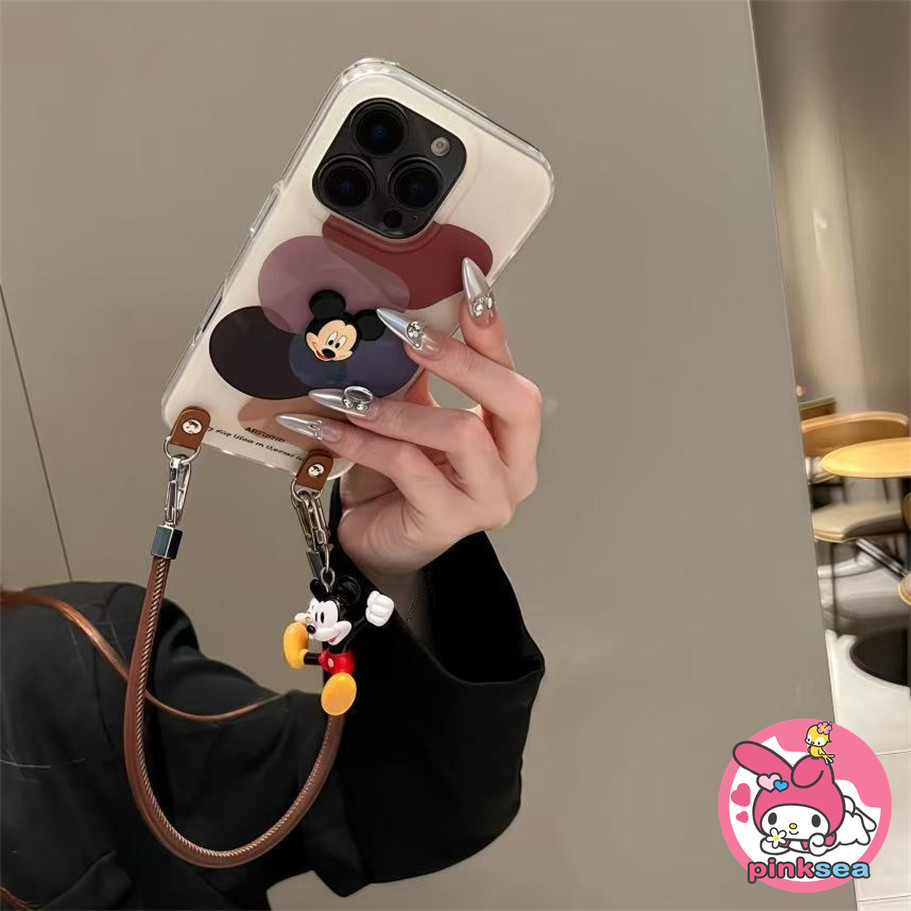 Creative Retro สีน้ําตาล Disney Mickey เคสโทรศัพท์เชือกสําหรับ iPhone 17 16 15 14 13 12 11 Pro Max X Xr Xs Max 8 7 6 Plus Ins น่ารักการ์ตูน Anti Fall ฝาครอบปลอก