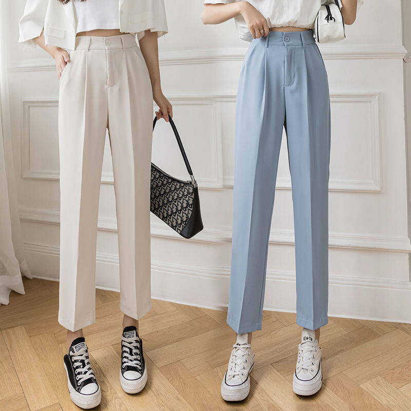 40-75KgPlus size ins กางเกงสูทสําหรับผู้หญิงสไตล์เกาหลีเอวสูงหลวมสบายๆกางเกงครอป