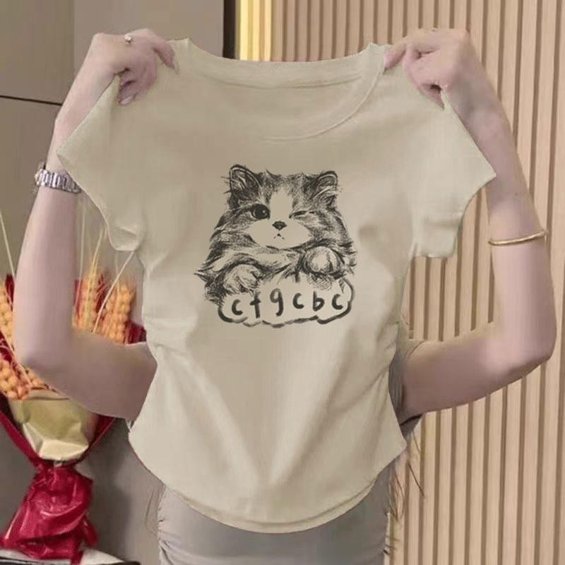 เสื้อรัดรูปเสื้อครอปฤดูร้อนอเนกประสงค์บางบาง คอกลม ทรงสลิมฟิต แสดงผอม เสื้อยืดครอป ลวดลายการ์ตูน เสื้อพิมพ์ลาย เสื้อคร - รูปที่ 2