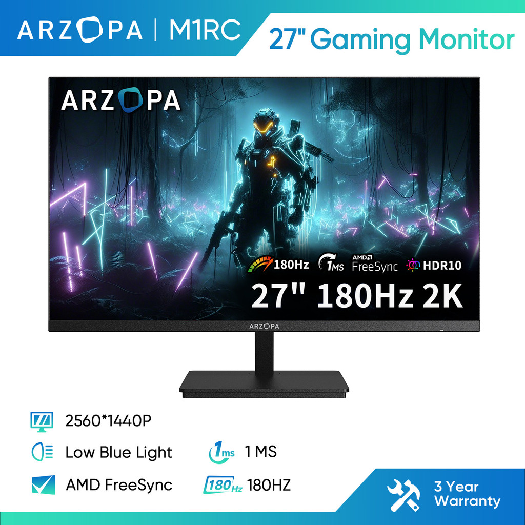 Arzopa 27" 180HZ Gaming Monitor - M1RC, รับประกัน 3 ปี - 2K QHD 2560x1440 IPS Monitor, 115% sRGB Adaptive-Sync 1ms, 1x Display Port 1.4, 1x HDMI 2.0, 1x USB C