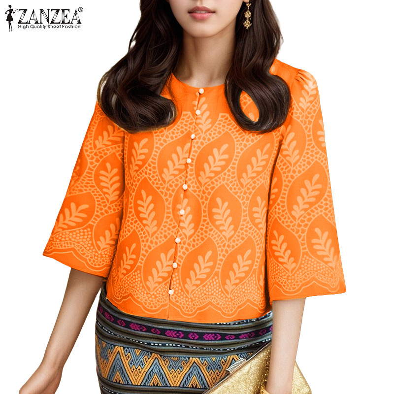 ZANZEA เสื้อเบลาส์ผู้หญิง คอกลม แขน 3/4 พิมพ์ลาย ใส่สบาย ใส่ได้ทุกโอกาส - รูปที่ 4
