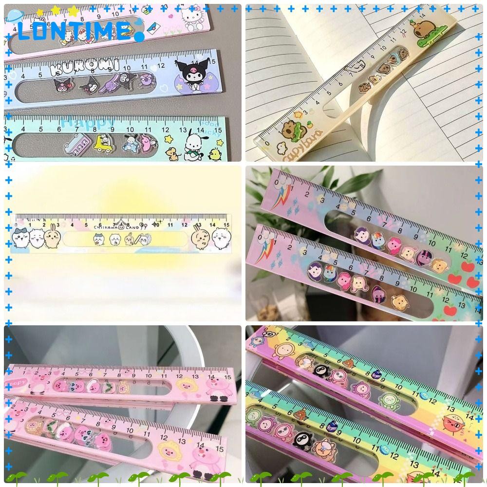 LONTIME 1 ชิ้น Rocker ไม้บรรทัด, Kawaii อะนิเมะรูปการ์ตูน Sanrio ไม้บรรทัด, ของขวัญเด็กของเล่น Hello Kitty Loopy Melody Kuromi Capybara 15 ซม.นักเรียนเครื่องเขียน