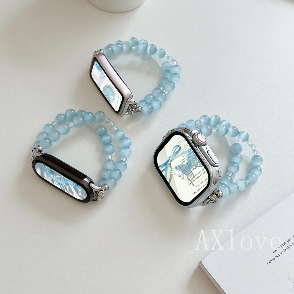 สายรัดลูกปัดสีน้ําเงินยืดหยุ่น สําหรับ Apple Watch 38/40/41/42/44/45/46/49 มม. Series 2-10