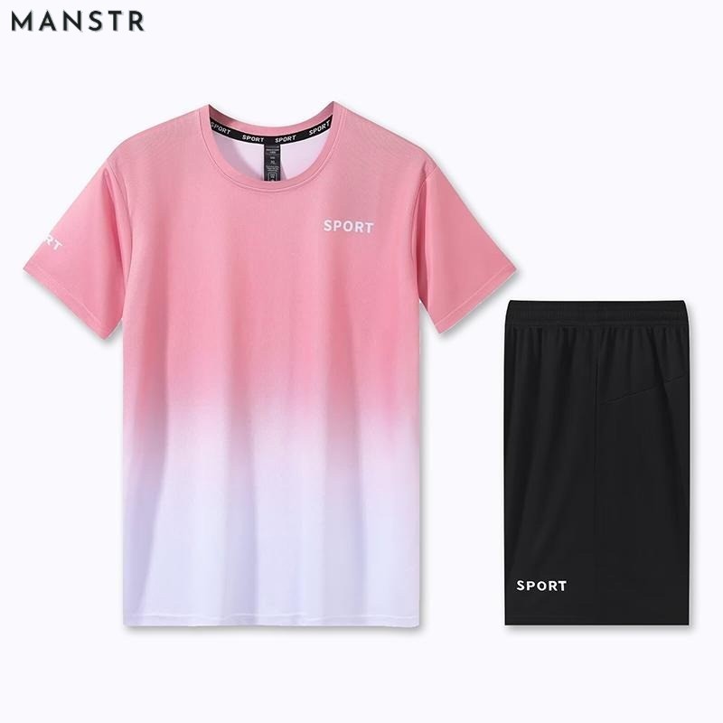 MANSTR [4 สี] M-5XL ฤดูร้อนใหม่ Unisex แห้งเร็วแฟชั่นไล่โทนสีพิมพ์กีฬากลางแจ้งชุดผ้าไหมน้ําแข็ง Dri-fit All-match เสื้อยืดและกางเกงขาสั้นสําหรับผู้ชายผู้หญิง