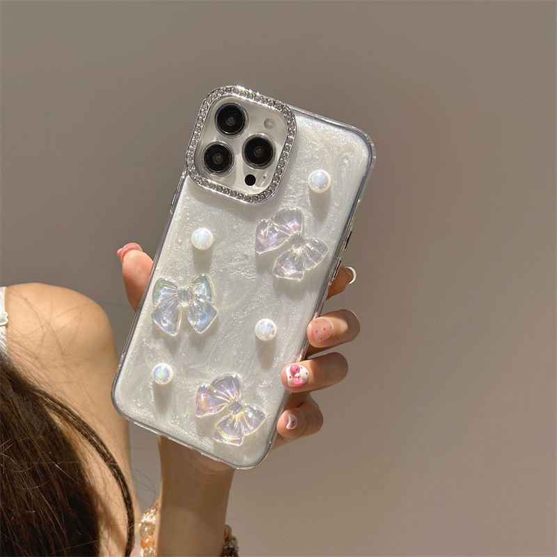 3D วางเพิร์ลเลเซอร์โบว์เคสโทรศัพท์สําหรับiPhone 11 12 13 14 15 16 17 Pro Max PlusปลอกAnti fall SoftสําหรับiPhone16 กรณี