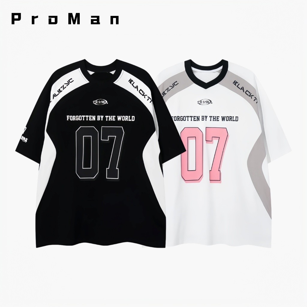 ⚡ ProMan⚡ ชุดคู่รักพิมพ์ลายตัวอักษร  เย็บสีแขนสั้น  ยอดนิยม  คอกลม  oversize