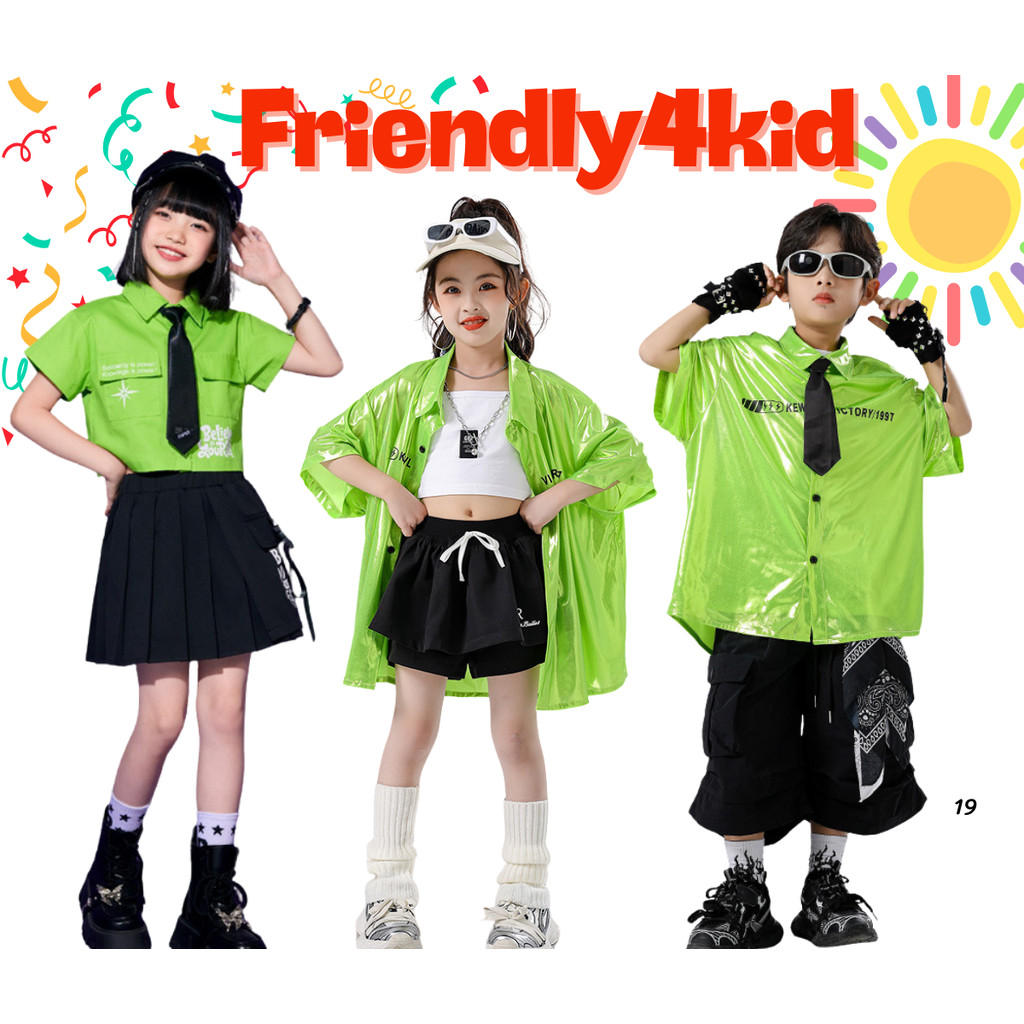 friendly4kid พร้อมส่ง ชุดเต้น เซ็ต เสื้อเชิ๊ต นีออน+กางเกง/กระโปรง