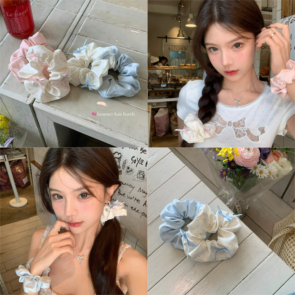เครื่องประดับผมแฟชั่นสีฟ้าสีชมพู คล้องผมแบบโบว์ หางม้าหัวเชือก Scrunchies