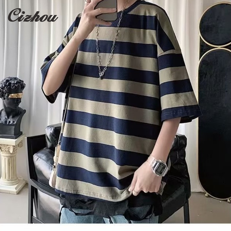 เสื้อยืดแขนยาวลายทางสำหรับฤดูร้อน ทรงหลวมแฟชั่น