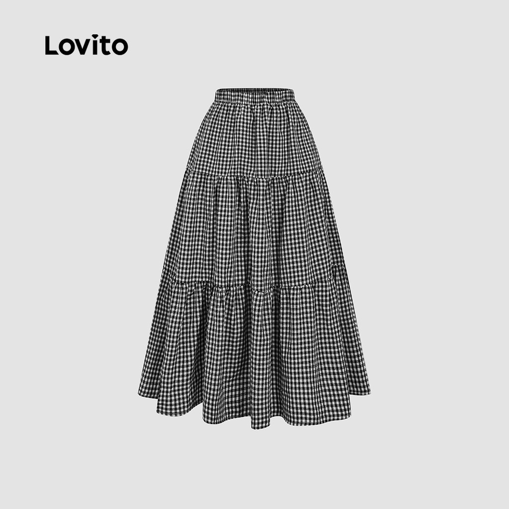 (New) Lovito กระโปรงแคชชวล ชั้น ๆ สำหรับฤดูใบไม้ผลิ/ฤดูร้อน สีดำและขาว สำหรับผู้หญิง L149LD012 - รูปที่ 3