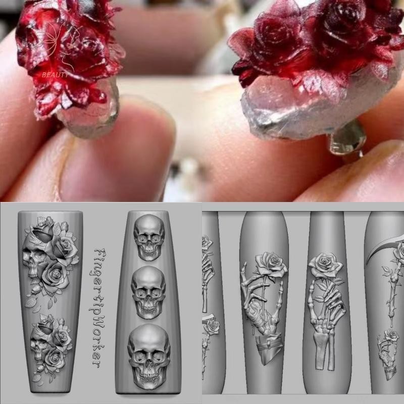 [maybeauty] Rose ดอกไม้ Skull ซิลิโคนเล็บแม่พิมพ์ DIY Skeleton Hand Design โปร่งใสแกะสลักแม่พิมพ์ตกแต่งเล็บ {TH}