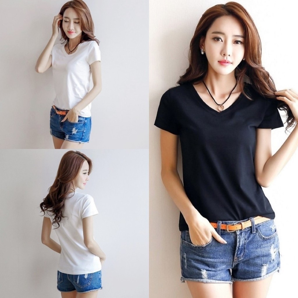 ราคาถูกที่สุด เสื้อยืดแขนสั้น คอวี สีพื้น 6 ไซส์ ใส่สบาย