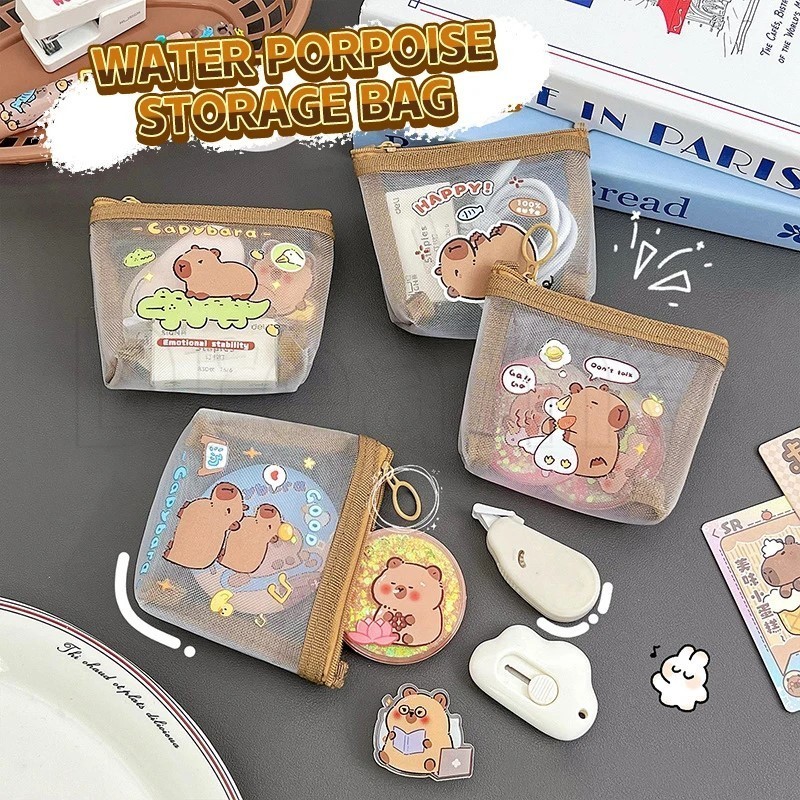 Capybara Mesh Storage Bag-กระเป๋าซิปหูฟัง-กระเป๋าใส่เหรียญการ์ตูน-น่ารัก Capibala Student Stationery-บัตรเครดิตOrganizer-กระเป๋าซิปพกพาขนาดเล็ก-กระเป๋าเก็บเครื่องสําอาง