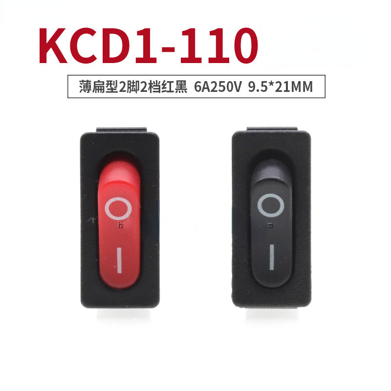 Kcd1-110 Rocker ประเภทสวิทช์บางแบนประเภท 2 Pins 2 เกียร์สีแดงสีดํา 6A 250V 9.5 * 21 มม.เครื่องมือสวิทช์สีดํา,สีแดง Rocker ประเภทสวิทช์ KCD1-110