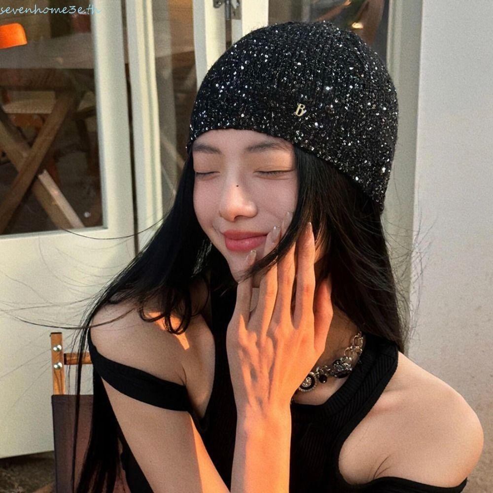SEVENHOME3E Bowknot Beanies หมวก, Bow Beanies เลื่อมถักหมวก,หวานสีดําหมวกขนสัตว์เกาหลีถักหญิง