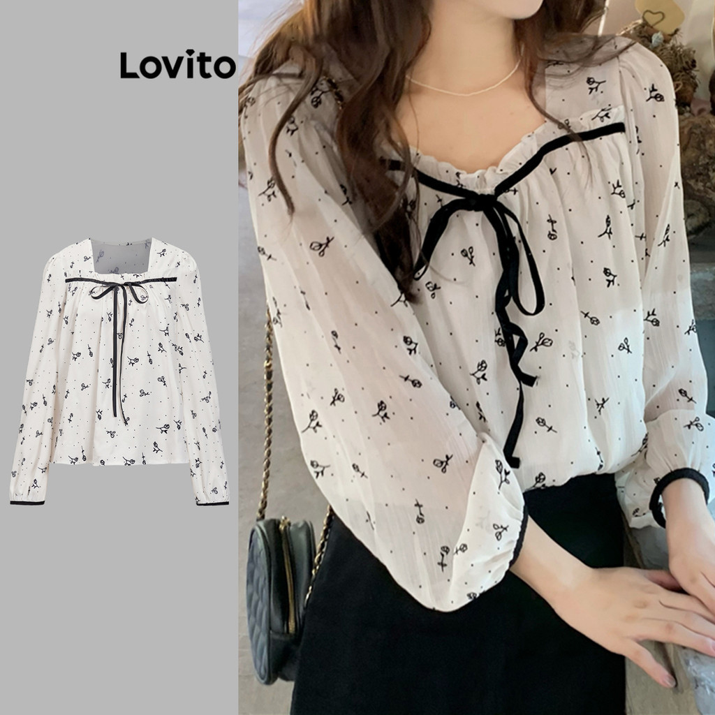 Lovito เสื้อเบลาส์ พิมพ์ลายดอกไม้ ลูกไม้ ลําลอง สําหรับผู้หญิง LBA79135