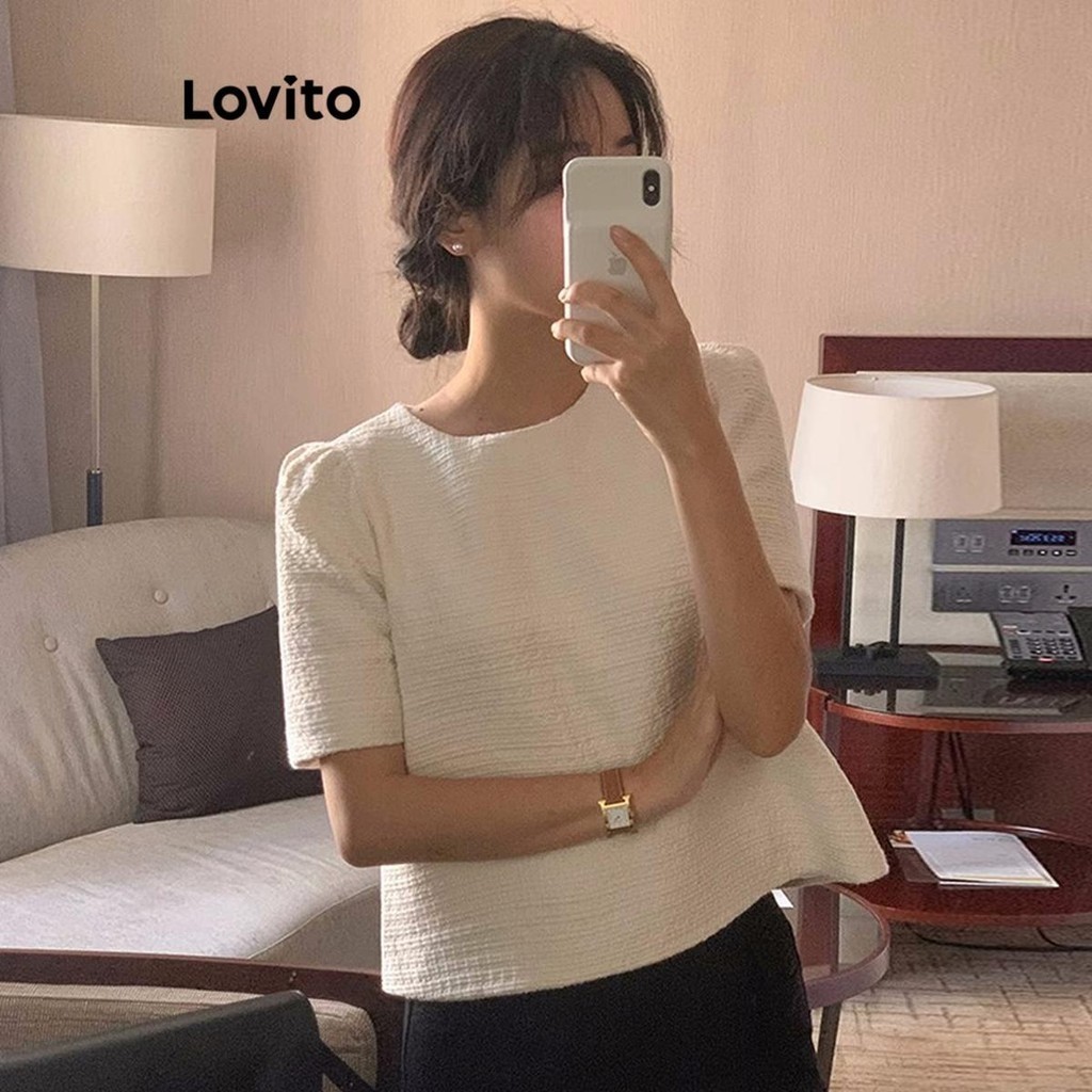 Lovito เสื้อเบลาส์ผู้หญิง เบสิก สีพื้น สไตล์ลำลอง LNE58789