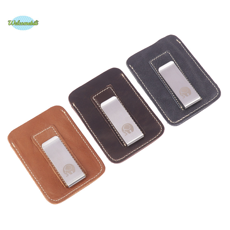 [Welcomebili] Thin Leather Money Clip Mini Wallet Men Credit Card Slot Slim Bills Metal Cash Clamp For Man Small Billfold Holder NEW