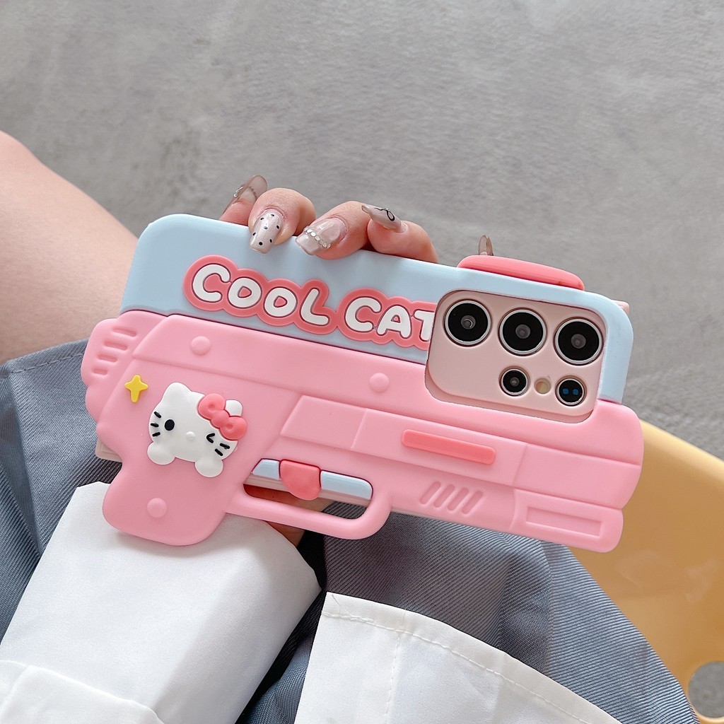 Sweet Cool Girl สีชมพู Kitty Cat ปืนพกเหมาะสําหรับ Samsung Galaxy S24 S23 S22 S21 S20 Ultra Plus S23FE S21FE A55 A35 A25 A15 A54 A34 A24 A14 A15 A73 กรณี Coque Funda Bumber