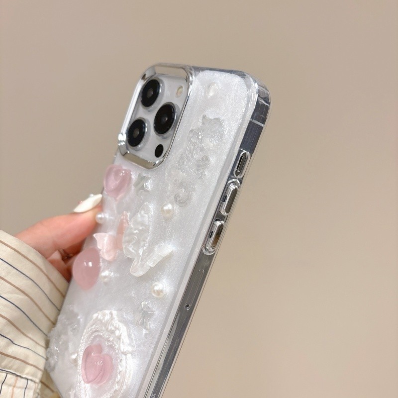 3d สีชมพู Love กรอบรูป Dropping กาว Hard Case สําหรับ iPhone 11 12 13 14 15 Pro Max สีขาว anti fall ฝาครอบปลอก