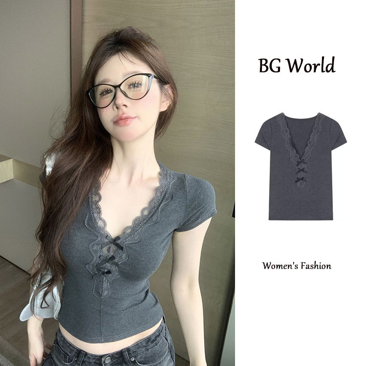 โบว์คอวีแขนสั้นเสื้อยืดสําหรับผู้หญิงฤดูร้อนเซ็กซี่ลูกไม้พืชยอดนิยม