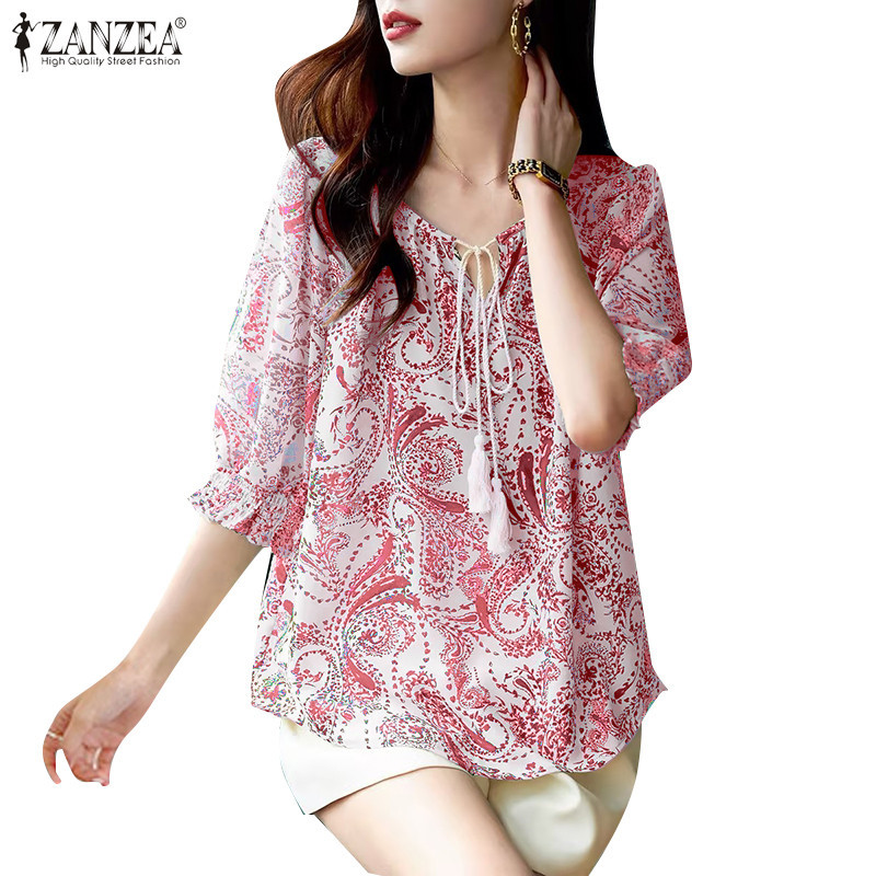 Zanzea เสื้อเบลาส์คอกลมแขนสั้นแฟชั่นเกาหลีสําหรับผู้หญิง