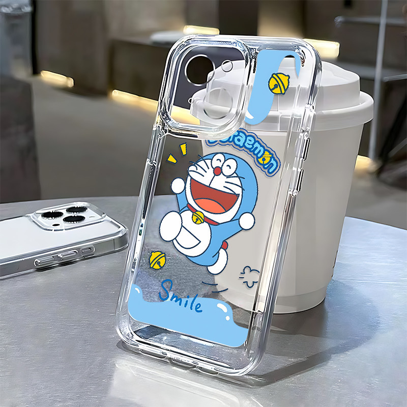เคสหูฟัง iPhone 11 15 Pro Plus Max เคส Case Happy Doraemon เคสโทรศัพท์สําหรับ iPhone 16 15 14 13 12 11 8 7 6S 6 Pro Plus Max iPhone X XS XR SE 2 2020